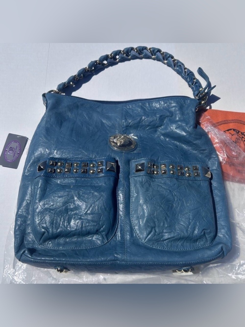 Sharif 1827 Teal Genuine Leather Studded Hobo Shoulder Bag NWT Leopard Lining
